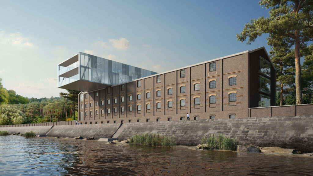 Architekturvisualisierung Bürogebäude unter Denkmalschutz: Rheinfenster Krefeld – Historischer Speicher am Rheinufer neu gedacht.